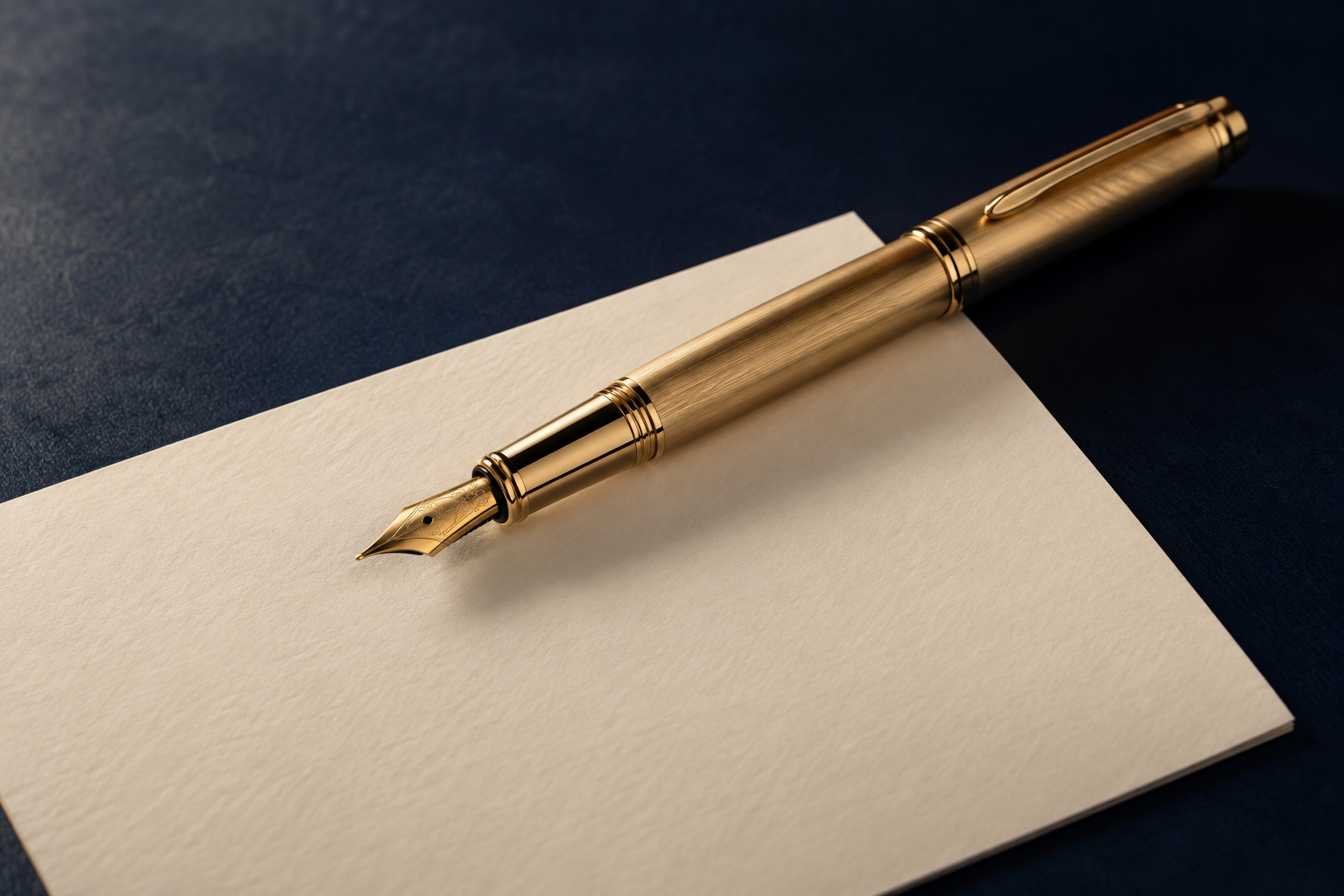 Gold fountain pen resting on ivory paper on a navy desk